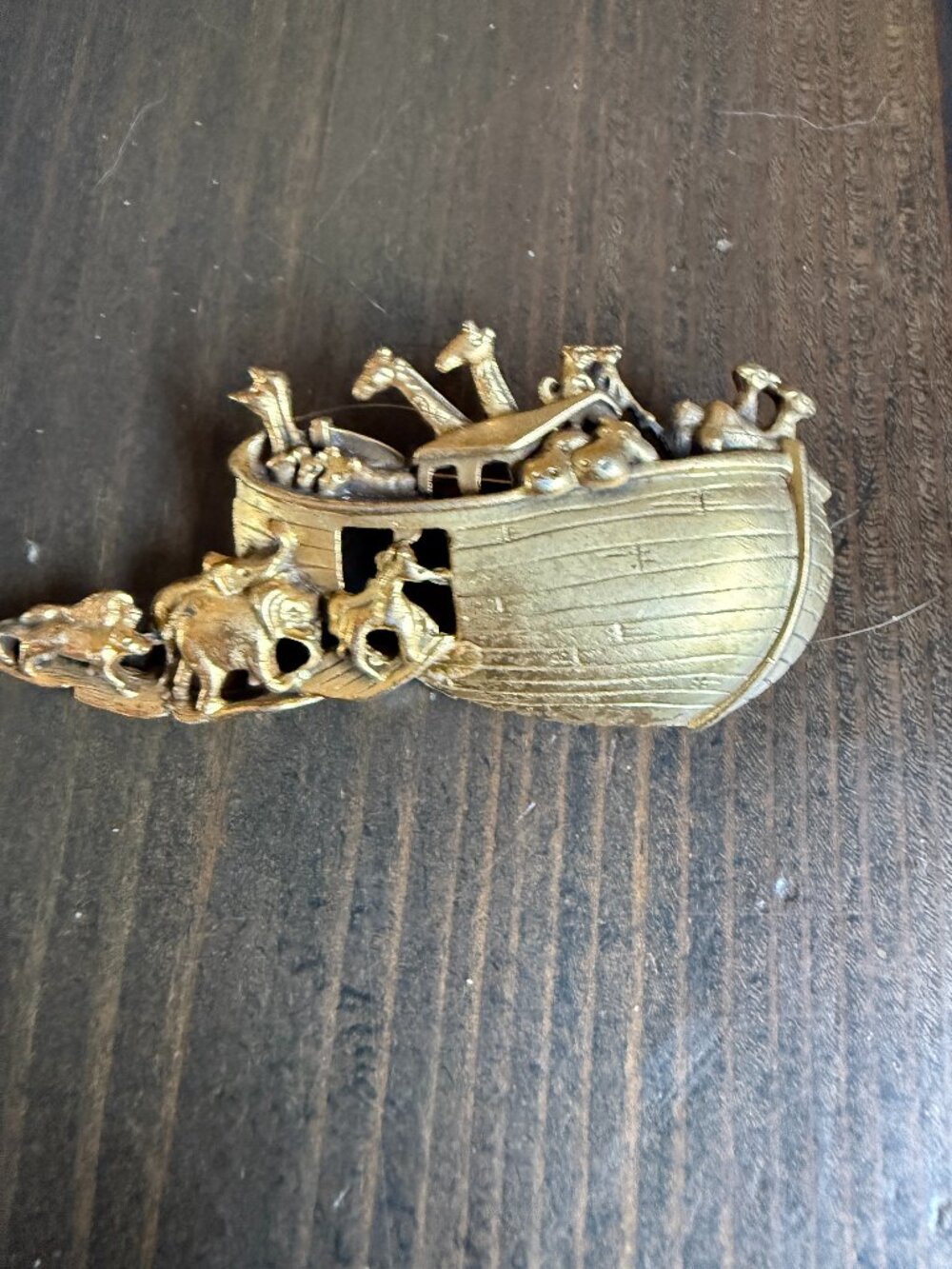 Vintage Matte Gold Tone Noah's Arc Pin Brooch with Animals Signed JJl